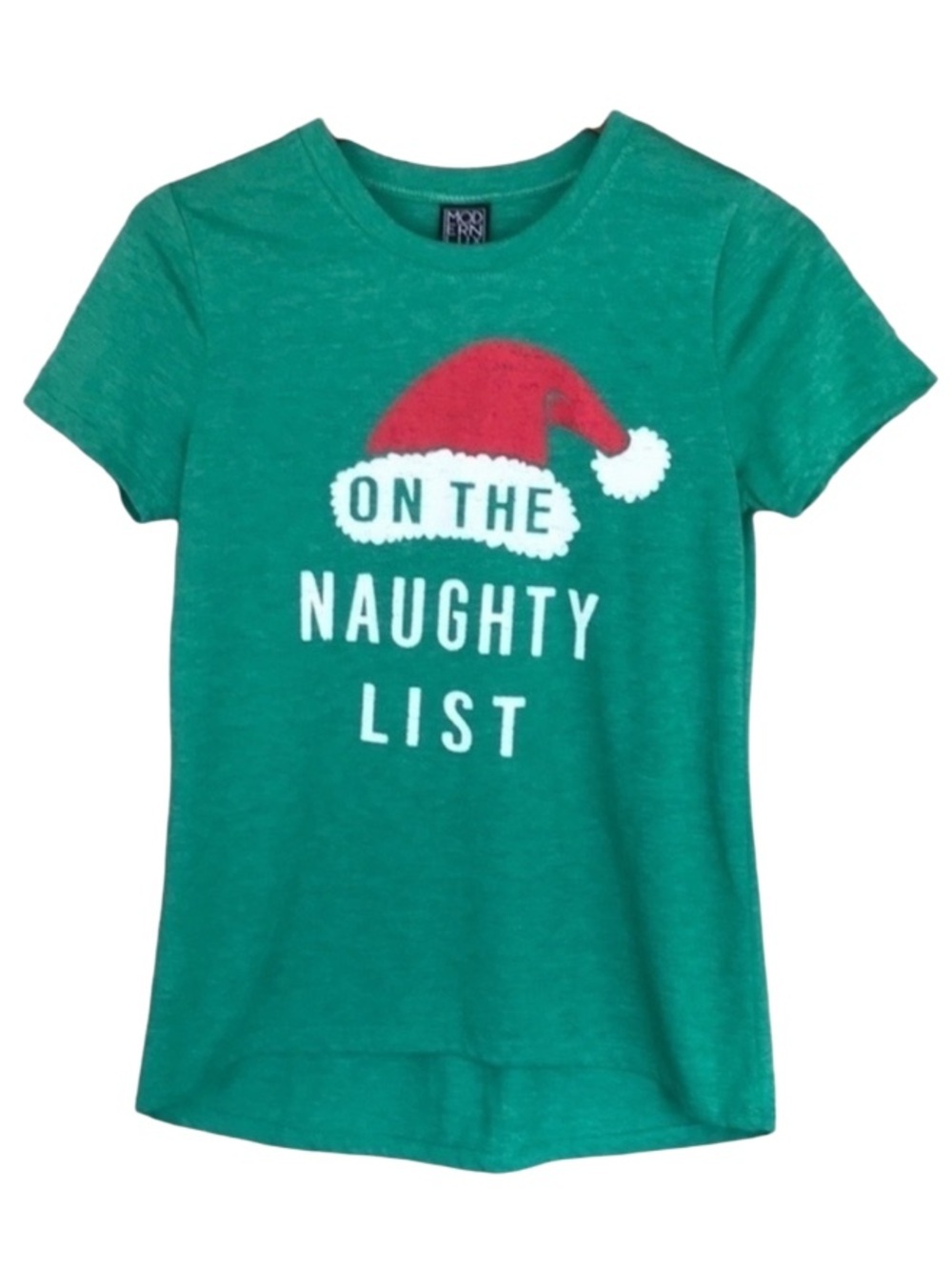 Modern Lux On The Naughty List Christmas Graphic T-Shirt Green Santa Hat Tee S
